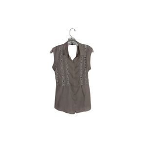Love Stitch Women's S Tan Botton Down Lattice Cut Out Back Sleeveless TunicTop